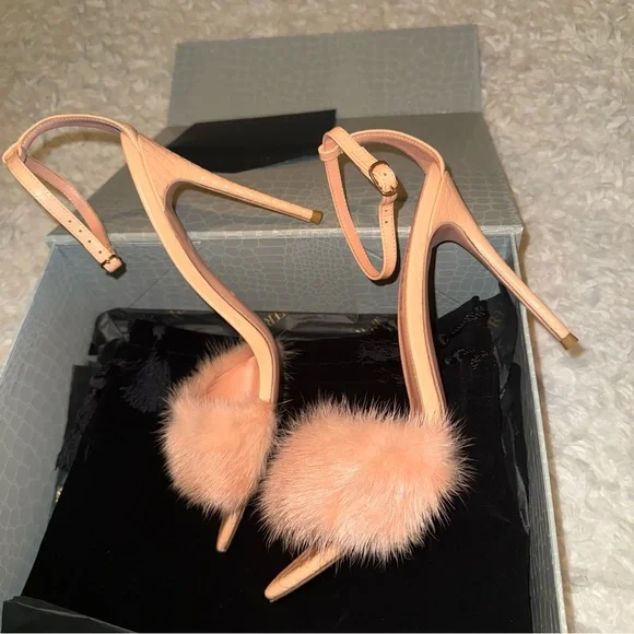 I AM JENNIFER LE Peach Fur Pom High Heel Sandals 40 - Picture 3 of 7